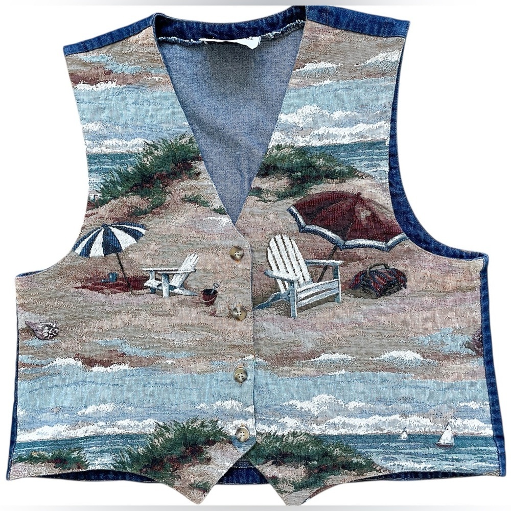 Vtg 90s On The Verge Tapestry Denim Vest Beach Scene Tropical Ptp:20.75” L:20.5” - Picture 3 of 5
